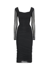 Robe noire avec une silhouette ajustée, décolleté carré et longues manches transparentes. Présente un tissu plissé et une longueur de genoux.