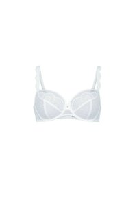 White lace bra featuring padded cups with diamond patterns, scalloped trim on straps, and a hook-and-eye closure at the center back.