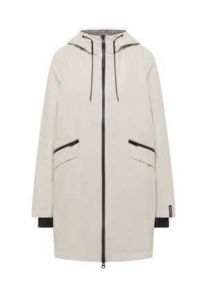 Beige hættejakke med sort lynlås, snørre, skrå lynlåslommer i siden og sorte håndledsmanchetter.