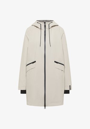 Beige hættejakke med sort lynlås, snørre, skrå lynlåslommer i siden og sorte håndledsmanchetter.