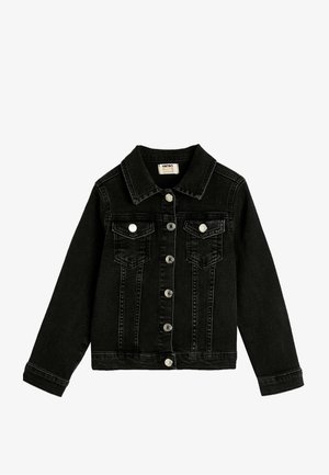 Veste en denim noir avec col, boutons-pression argentés, deux poches avant et détails de couture visibles. Manches longues, design décontracté.