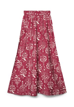 Longue jupe bordeaux avec taille élastique, ornée de motifs blancs de palmiers tropicaux et de fleurs sur toute la surface.