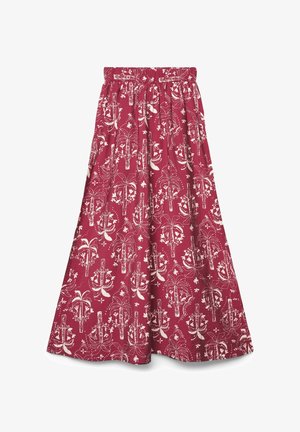 Langer bordeauxroter Rock mit elastischem Bund, versehen mit weißen tropischen Palmen- und Blumenmustern überall.