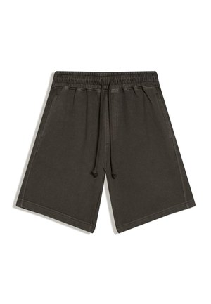 Donkergrijze casual korte broek met elastische tailleband en trekkoord, twee voorzakken en rechte pijpen tegen een witte achtergrond.