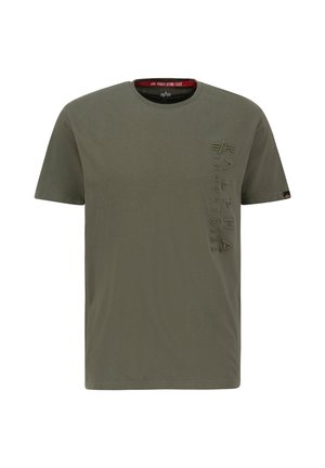Olive green cotton t-shirt with short sleeves and round neckline. Features textured "ALPHA INDUSTRIES" logo on the left side.
