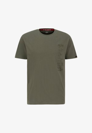 Olive green cotton t-shirt with short sleeves and round neckline. Features textured "ALPHA INDUSTRIES" logo on the left side.