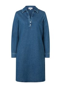 Blauwe denim jurk met lange mouwen, een kraag, twee voorknopen en een rechte snit, gemarkeerde maat 36.