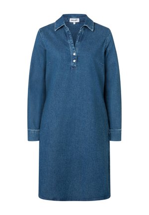 Ein langärmliges Kleid aus blauer Denim mit Kragen, zwei vorderen Knöpfen und geradem Schnitt, Größe 36.