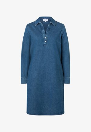 Ein langärmliges Kleid aus blauer Denim mit Kragen, zwei vorderen Knöpfen und geradem Schnitt, Größe 36.