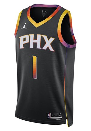 Maillot de basketball noir avec "PHX" et le numéro 1 en dégradé orange, jaune, rouge et violet, avec une bordure aux couleurs de l’arc-en-ciel sur les manches et le col.