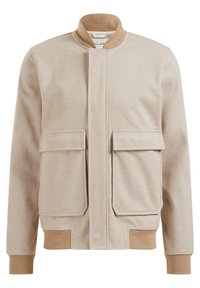 Beige herringbone jacket featuring a stand collar, two front pockets, and ribbed cuffs and hem. Made from textured fabric with a structured fit.