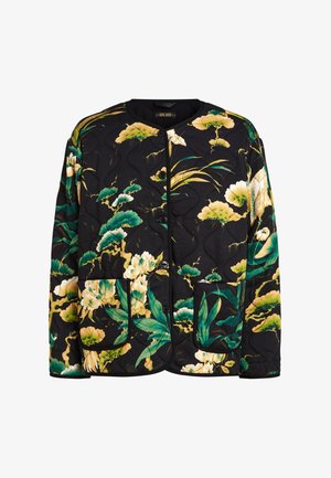 Quilted black jacket featuring a vibrant floral pattern in green and yellow, with a round neckline, front buttons, and two patch pockets.