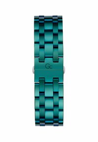 Turquoise metal watch strap with a link design, featuring a polished finish and subtly textured surfaces. Marked with "Gc" logo.
