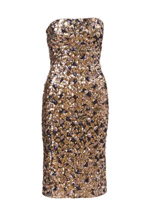 Strapless cocktailjurk versierd met gouden en marineblauwe pailletten in een geometrisch patroon; aansluitende silhouet met een lengte tot de knie.