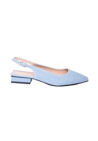 Ballerine slingback in denim blu con punta appuntita, tacco basso a blocco e cinturino regolabile alla caviglia. Tessuto liscio e dettagli di cucitura minimi.