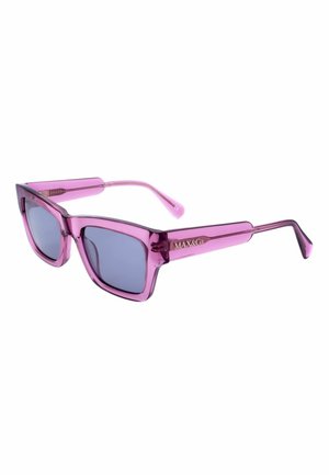 Occhiali da sole rettangolari traslucidi viola con lenti scure e logo "MAX&Co" sulle aste.