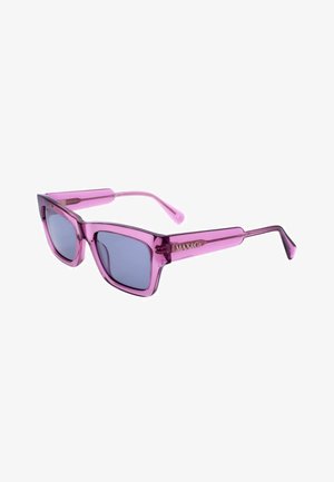 Occhiali da sole rettangolari traslucidi viola con lenti scure e logo "MAX&Co" sulle aste.