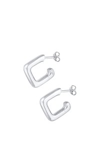 Zilveren hoepeloorbellen, met een robuust, asymmetrisch vierkant ontwerp en een gladde afwerking, voorzien van een veilige post-back sluiting.