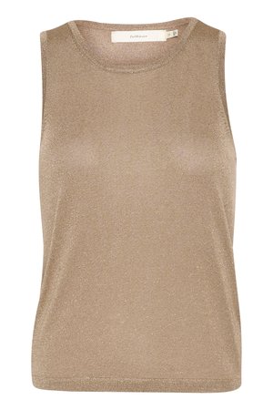 Ujjatlan bézs kötött felső kerek nyakkivágással, testhez simuló szabással és finom csillogással, InWear márkájú, kicsi méretű címkével.