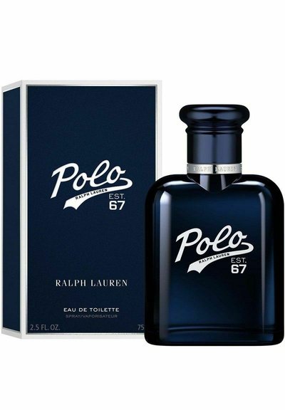 Marinblå låda med vit logotyp och text visar en blå glasflaska med Ralph Lauren Polo Eau de Toilette, 2,5 fl. oz., märkta och stiliga.