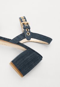 Mørke denim plattform sandaler med bred hæl, guldspenne og tekstilmateriale. Har en myk, kontrasterende innersåle.
