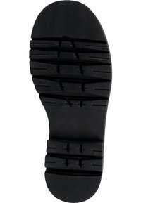 Suela de zapato de goma negra con tacos profundos y surcos para tracción, con una superficie suave y un diseño de tacón redondeado.