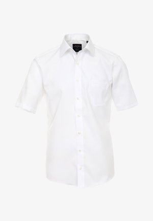 Chemise blanche à manches courtes avec boutons, poche avant et col classique, présentée sur un fond blanc uni.