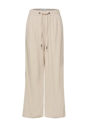 Pantalon beige à jambes larges avec taille élastique et fermeture à cordon, en tissu léger.