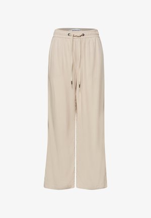 Pantalon beige à jambes larges avec taille élastique et fermeture à cordon, en tissu léger.