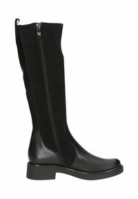 Botas negras de caña alta con punta de cuero suave y caña de ante mate, con un cierre lateral y una suela de goma gruesa.