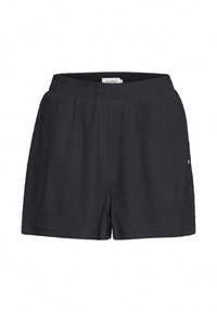 Svarte shorts med elastisk midje, laget av myk stoff. Har en løs passform og sidelommer. Enkelt design, ingen mønstre.