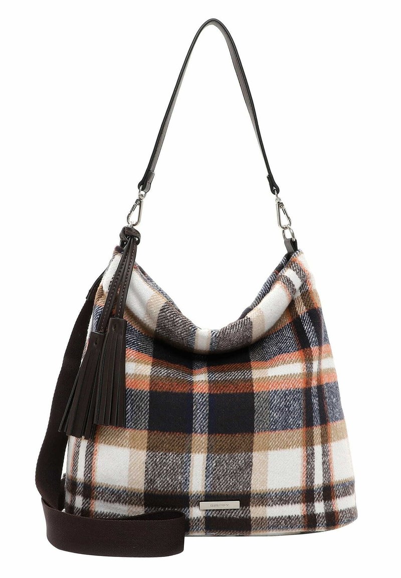 Bolso de cuadro con una tela suave en tonos de marino, marrón y naranja. Incluye un detalle de borlas y una correa de contraste marrón.