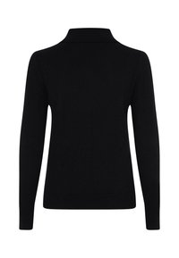 Maglione nero a maniche lunghe con colletto alto, realizzato in tessuto morbido; presenta una texture liscia e una silhouette aderente. Nessun motivo visibile.