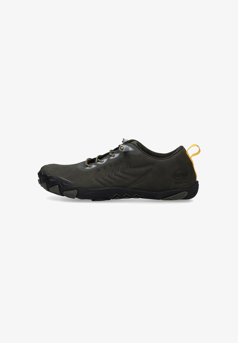 Dark green athletic shoe with a rubber sole, textured upper, and gray accents. Features a reinforced toe and yellow pull tab.