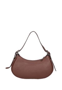 Borsa in pelle marrone con forma curva a hobo, chiusura con zip e una tracolla singola, caratterizzata da una texture granigliata.