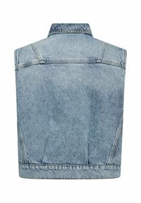 Light blue denim vest with a collar, back yoke, and no sleeves. Features stitching details and a straight hem. Textured fabric finish.
