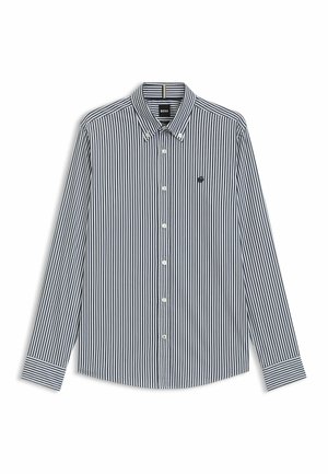 Long-sleeve button-up shirt featuring narrow blue and white stripes. Has a pointed collar and a small embroidered logo on the chest.