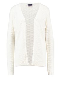 Bílý pletený kardigan s otevřeným předním dílem, dlouhými rukávy a texturovaným diamantovým vzorem na látce.