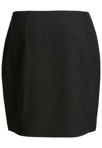 Černá sukně, přiléhavý design, ke kolenům s hladkým povrchem. Žádné viditelné vzory ani kovové detaily. Klasický silueta vhodná pro různé příležitosti.