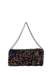 Flitteres, téglalap alakú clutch táska, sokszínű flitterekkel (fekete, narancs, kék) és ezüst láncos pánttal.