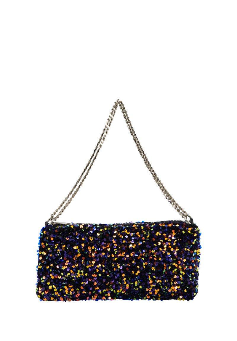 Flitteres, téglalap alakú clutch táska, sokszínű flitterekkel (fekete, narancs, kék) és ezüst láncos pánttal.
