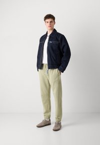 Jeansjacke mit blauer Naht, darunter ein weißes T-Shirt, hellgrüne Sweatpants und beige Schuhe. Steht in Pose vor einem schlichten Hintergrund.