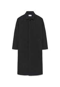 Cappotto lungo in misto lana grigia con colletto, maniche a raglan, tasche laterali e chiusura con un solo bottone. Tessuto morbido, design fino al ginocchio.