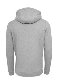 Grå hettegenser med ribbestrikket kant og mansjetter. Stoffet har en glatt tekstur og et enkelt, ensfarget design.