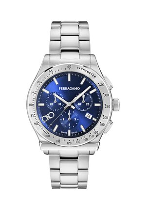 Chronograf Ferragamo ze stali nierdzewnej z niebieską tarczą, pierścieniem tachymetru, trzema subtarczami oraz wyświetlaczem daty na godzinie 4.