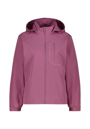 Lila Kapuzenjacke mit durchgehendem Frontreißverschluss, elastischen Bündchen und Reißverschlusstasche auf der Brust, entworfen für den Außenbereich.