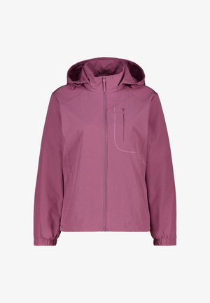 Paarse gewatteerde jas met capuchon, ritssluiting aan de voorkant, elastische manchetten en een borstzak met ritssluiting, ontworpen voor buitenshuis dragen.