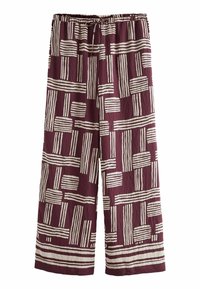 Pantalon ample à jambes larges en tissu bordeaux avec motifs à rayures blanches. Taille élastique avec cordon de serrage ; texture douce et froissée.