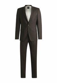 Dark brown tailored suit featuring a single-button blazer with a notch lapel, slim-fit trousers, and a patterned interior lining.