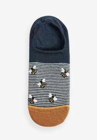 Mørkeblå bomuldsstrømpe med stribet mønster og bi-motiver. Har en orange tå, lavskåret design og en glat tekstur.